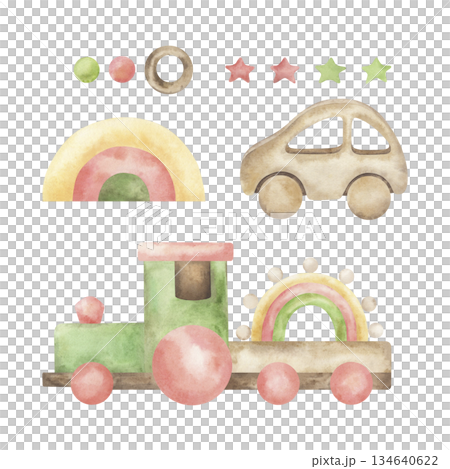 A set of watercolor illustrations featuring baby toys: a train, a tractor, a car, a rainbow, stars, circles. These hand-drawn wooden eco-friendly toys are perfect for nursery decor, birthday parties A set of watercolor illustrations featuring baby toys: a train, a tractor, a car, a rainbow, stars, circles. These hand-drawn wooden eco-friendly toys are perfect for nursery decor, birthday parties 134640622