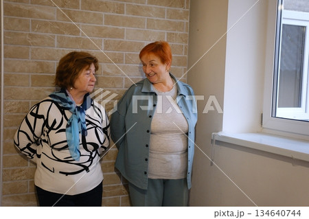 Consultation, home and nurse with senior woman on sofa for diagnosis, checkup or treatment plan. Healthcare, conversation and medical caregiver with elderly female person for discussion at house. 134640744