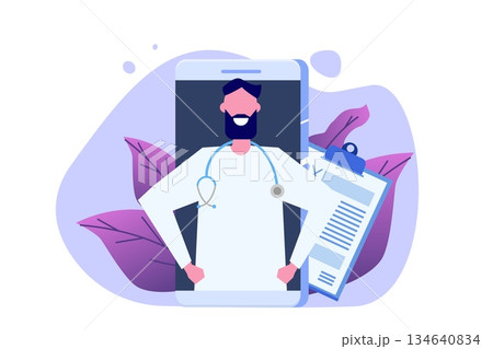 Medical online conference, Doctor Distant consultation online concept.  Flat Vector Illustration 134640834