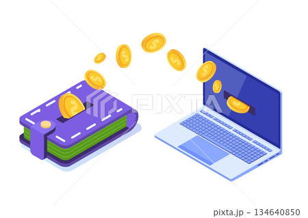 Money transfer from wallet to PC.  Isometric vector illustration. 134640850