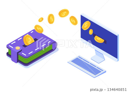 Money transfer from wallet to PC. Isometric vector illustration. Money transfer from wallet to PC. Isometric vector illustration. 134640851
