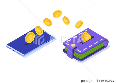 Money transfer from smartphone to wallet.  Isometric vector illustration. 134640853
