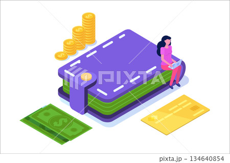 Wallet with credit cards , coins, cash icon. Isometric vector illustration. 134640854