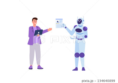 Robot holds CV, resume. Robot replace people at work  concept. Vector illustrations. 134640899