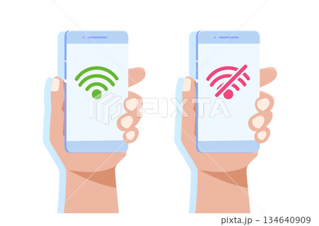 Hand holding smartphone with No wifi sign and good wifi connection. Bad internet. Vector illutration in flat style. 134640909