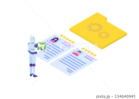 HR AI, robots scanning CV for searching vacancy candidates. Isometric Vector illustration. HR AI, robots scanning CV for searching vacancy candidates. Isometric Vector illustration. 134640945