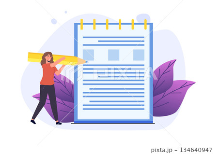 Notes, Diary writing concept. Woman write journal. Vector illustration 134640947