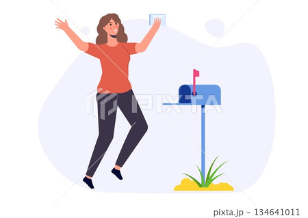 Happy woman is standing nearby mailbox and got letter. Vector illustration Happy woman is standing nearby mailbox and got letter. Vector illustration 134641011