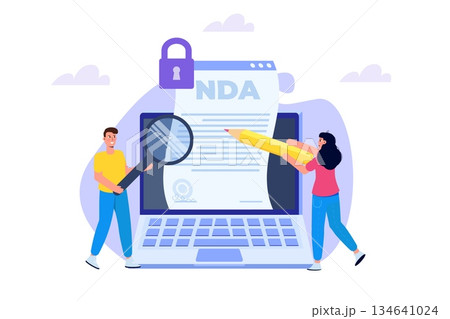 Legal restrictions, non-disclosure agreement contract or NDA concept. Vector illustration with tiny people. Legal restrictions, non-disclosure agreement contract or NDA concept. Vector illustration with tiny people. 134641024