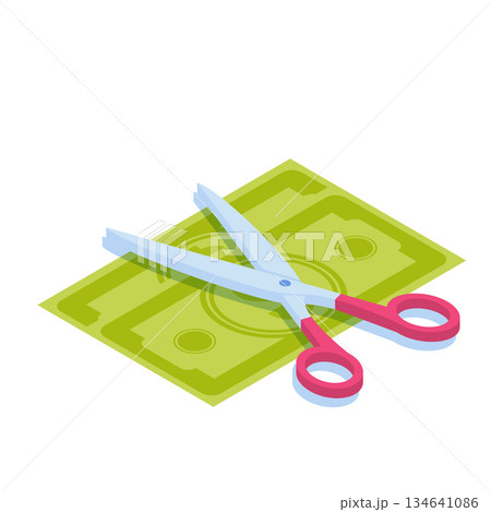 Scissors cutting money. Divide money, share profits or Sale concept Discounts symbol. Cost reduction or cut price. . Vector isometric illustration. 134641086