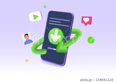 Download data on phone, data transfer concept. 3D icon vector render illustration. 134641128