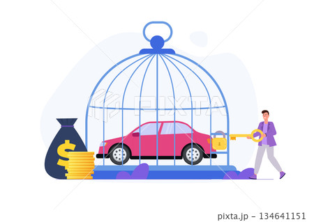 Car inside cage, debt personal car concept. Flat Vector illustrations for banner, website, landing page, flyer. Car inside cage, debt personal car concept. Flat Vector illustrations for banner, website, landing page, flyer. 134641151