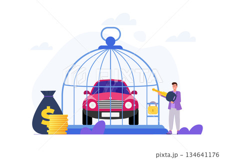 Car inside cage, debt personal car concept. Flat Vector illustrations for banner, website, landing page, flyer. 134641176