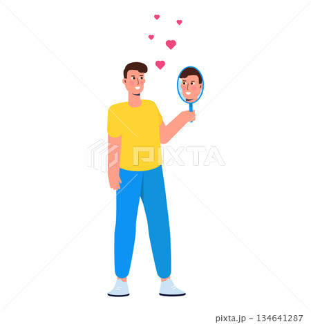 A man standing in front of a mirror, gazing at his own reflection, embodies the idea of self-love.The concept of egotism is mirrored in this vector illustration 134641287
