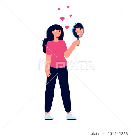A woman standing in front of a mirror, gazing at his own reflection, embodies the idea of self-love. The concept of egotism is mirrored in this vector illustration 134641288