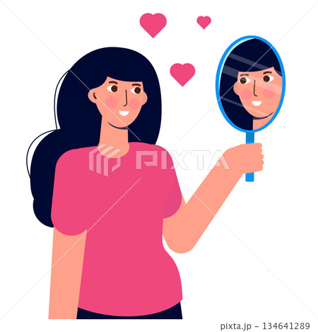 A woman standing in front of a mirror, gazing at his own reflection, embodies the idea of self-love. The concept of egotism is mirrored in this vector illustration 134641289