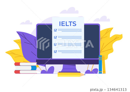 English Proficiency Test and Exam. IELTS International English Language Testing System. Vector illustration. 134641313