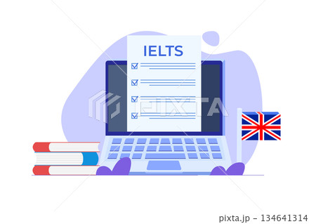 English Proficiency Test and Exam. IELTS International English Language Testing System. Vector illustration. 134641314