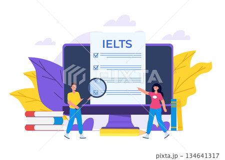 English Proficiency Test and Exam. IELTS International English Language Testing System. Vector illustration. 134641317