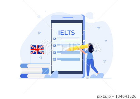 English Proficiency Test and Exam. IELTS International English Language Testing System. Vector illustration. 134641326