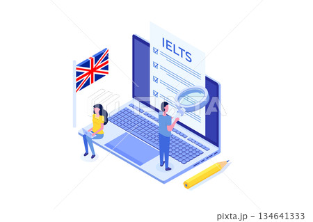 English Proficiency Test and Exam. IELTS International English Language Testing System. Isometric Vector illustration. English Proficiency Test and Exam. IELTS International English Language Testing System. Isometric Vector illustration. 134641333