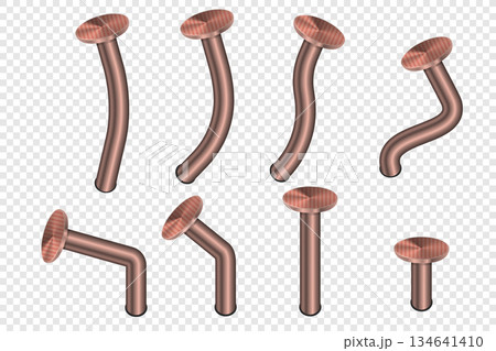 Realistic old bent iron nails hammered into wall. Vector 3d illustration isolated on transparent background. 134641410