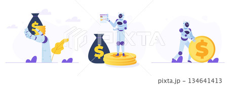 Robot making money for human business. Working with AI concepts. Vector illustrations set, collection. Can use for, landing page, template, web, homepage, poster, banner. Robot making money for human business. Working with AI concepts. Vector illustrations set, collection. Can use for, landing page, template, web, homepage, poster, banner. 134641413