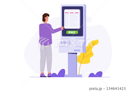 Man using self service terminal, Interactive information kiosk concept. Flat Vector illustration for banner, website, landing page, flyer. 134641423