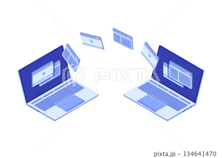 File transfer on notebook isometric concept. Could representing syncing. Vector illustration File transfer on notebook isometric concept. Could representing syncing. Vector illustration 134641470