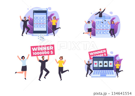 Flat lottery or Bingo, Gambling business concept. Tiny winer persons. Vector illustration. 134641554