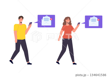 Man and Woman getting mail from smartphone. Vector Illustration Man and Woman getting mail from smartphone. Vector Illustration 134641586