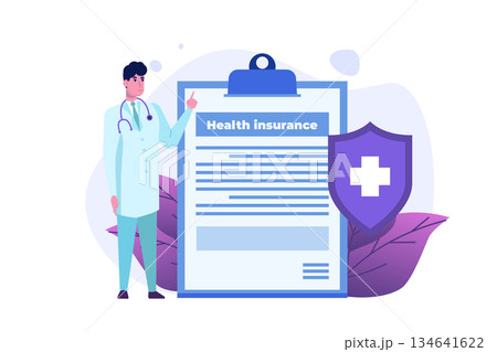 Health insurance service concept. Clipboard with Medical Document Form. Vector illustration Health insurance service concept. Clipboard with Medical Document Form. Vector illustration 134641622
