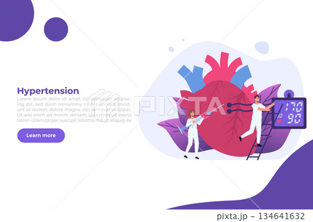 High Blood Pressure, hypertension disease. Tiny doctors treat, inspection check human Heart. Vector illustration. 134641632