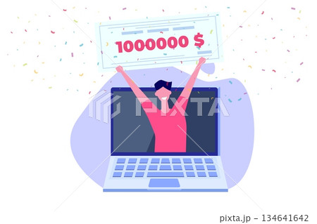 Character holding money prize, bank check for a million dollars. Winning lottery ticket. Vector illustration in flat design. Character holding money prize, bank check for a million dollars. Winning lottery ticket. Vector illustration in flat design. 134641642