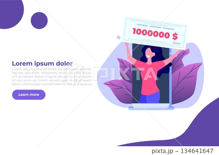 Character holding money prize, bank check for a million dollars. Winning lottery ticket. Vector illustration in flat design. Character holding money prize, bank check for a million dollars. Winning lottery ticket. Vector illustration in flat design. 134641647
