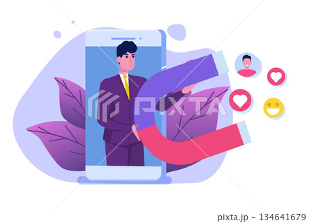 Influencer digital marketing concept, engaging with followers, social campaign. Vector illustration. Influencer digital marketing concept, engaging with followers, social campaign. Vector illustration. 134641679