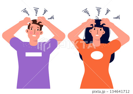 Dandruff, Itchy head and concept. Nervous man and woman scratching her itchy scalp. Vector illustration. Dandruff, Itchy head and concept. Nervous man and woman scratching her itchy scalp. Vector illustration. 134641712