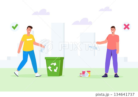 Littering behavior, wrong and correct examples of throwing out garbage. Vector illustration. 134641737