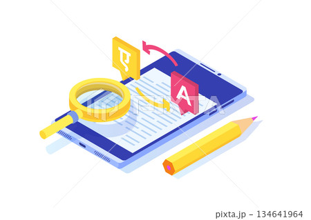 Online multi language translator app. Multilingual communication isometric concept. Vector illustration. Online multi language translator app. Multilingual communication isometric concept. Vector illustration. 134641964