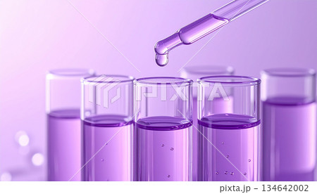 紫の美容液が入った試験管とスポイトの研究イメージ｜スキンケア成分・処方開発・先端美容科学 134642002