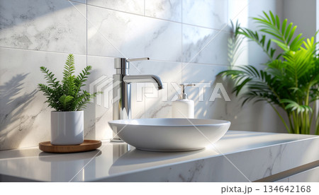 自然光のモダン洗面台とソープディスペンサー｜清潔感バスルームモックアップ 134642168