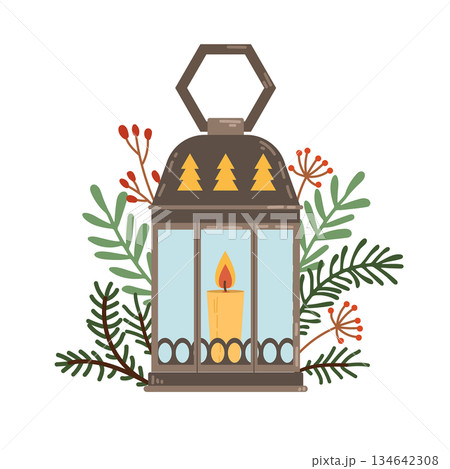 Festive lantern with a candle decorated with a spruce branch and berries. Flat style New Year's and Christmas illustration. 134642308