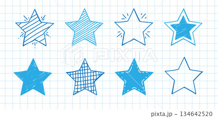 Set of hand drawn stars. Drawing of stars on notebook paper. Vector illustration. 134642520