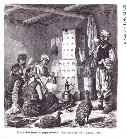 Old Bosnian Interior Scene With Men, Fire, And Birds Around A Tall Hearth Stove Old Bosnian Interior Scene With Men, Fire, And Birds Around A Tall Hearth Stove 134642720