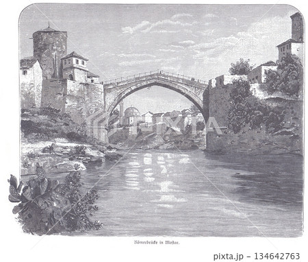 Mostar Old Bridge Over the Neretva River in 1882: Historic Stone Arch Connecting Townscape 134642763