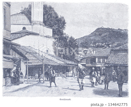 Historic Sarajevo Market Street Scene With Vendors, Shoppers, And Traditional Shops In Old Town 134642775
