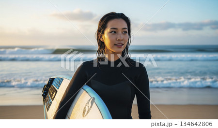 サーフボードを持つ女性 134642806