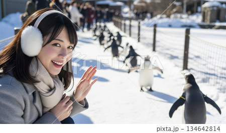 動物園でペンギンのパレードを眺めている女性 動物園でペンギンのパレードを眺めている女性 134642814