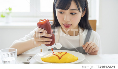 オムライスにケチャップでハートマークを描く女性 134642824