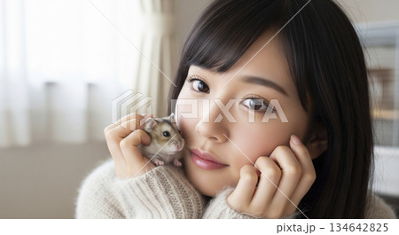ハムスターを可愛がる女性 134642825